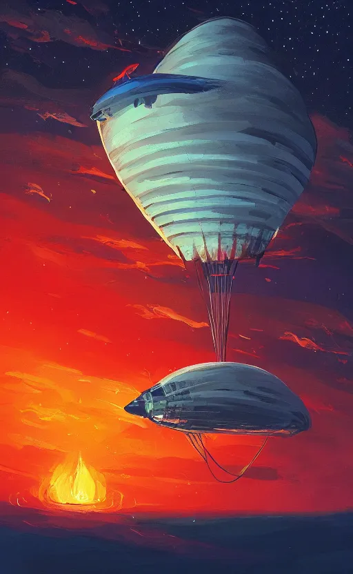 Prompt: a beautiful illustration of an airship burning in the sky at night, art of alena aenami, featured on artstation, vertical orientation, paint brush strokes, expressionism, brushstroke - laden, breathtaking clouds, birds, ocean, beautiful stars, long exposure, big moon radius, airy midnight theme, blue purple gradient, lens flare, flames and ember