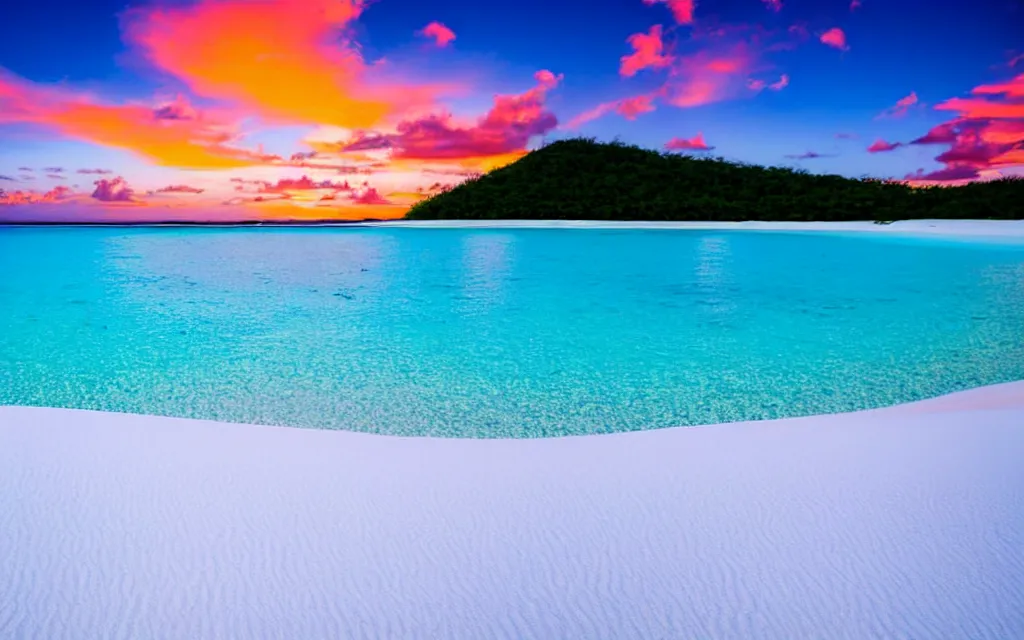 Prompt: isolated peaceful tropical island beach, white sands, perfect sunset, turquoise lagoon