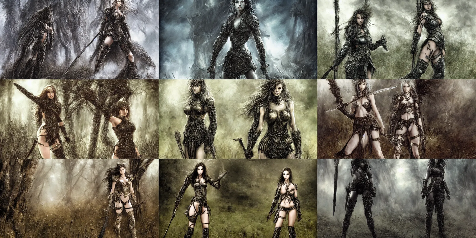 Prompt: young female warrior in light armor, standing on the field of battle, haonted forest, in style of luis royo