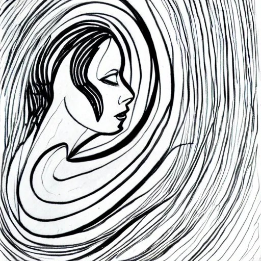 Image similar to continuous single line spiral - drawing of mary louise brooks, pen on white paper