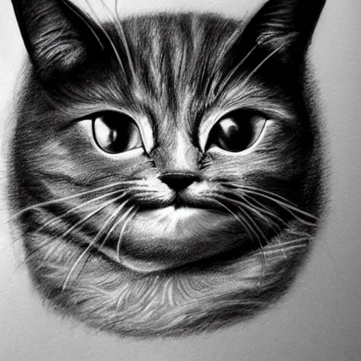 Prompt: Realistic drawing of an evil and mischievous cat that seems to have a grin.