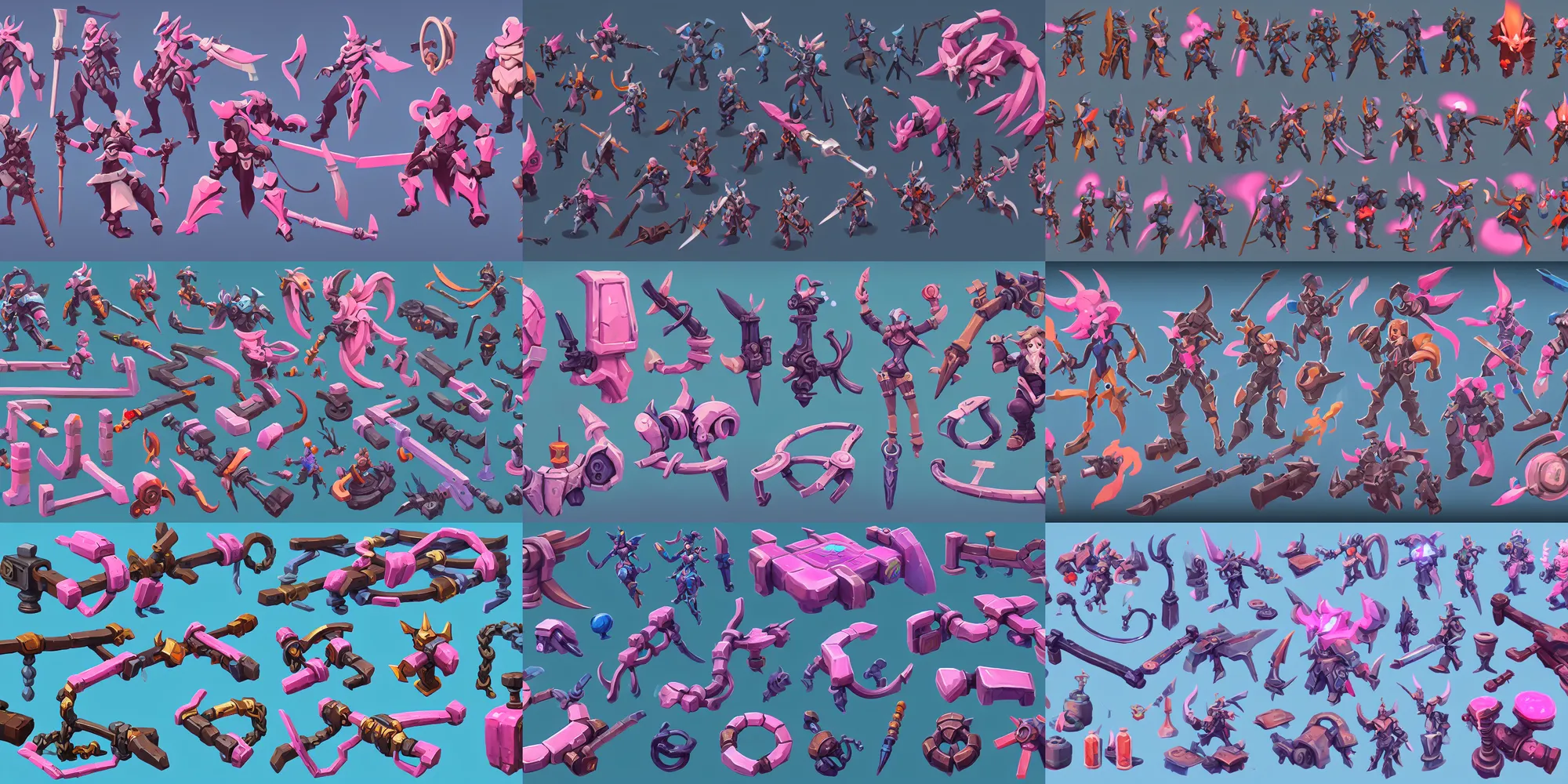 Prompt: game asset of brackets and linkages, in gouache detailed paintings, props, stylized, 2 d sprites, kitbash, arcane, overwatch, blue and pink color scheme, 8 k, close up