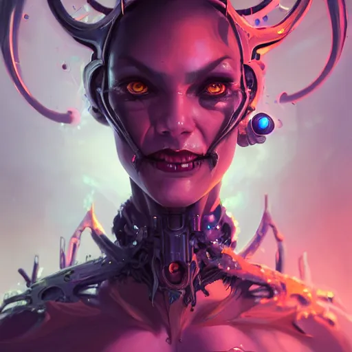 Image similar to a portrait of a beautiful demonic cybernetic grand duchess of hell, cyberpunk concept art by pete mohrbacher and wlop and artgerm and josan gonzales, digital art, highly detailed, intricate, sci-fi, sharp focus, Trending on Artstation HQ, deviantart, unreal engine 5, 4K UHD image