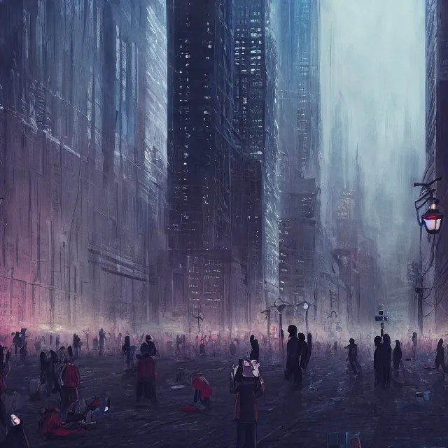Image similar to a city full of mindless humanoids staring at there phones in a cold and dark metropolis, trending on artstation hq, deviantart, pinterest, 4 k uhd image