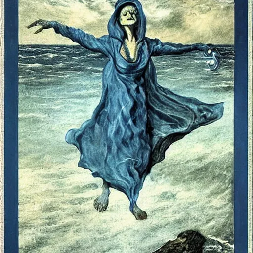 Prompt: old wrinkled witch! levitating over the sea. El Greco, Remedios Varo, Salvador Dali, Carl Gustav Carus, John Atkinson Grimshaw. Blue tint. Symetrical, logo, geometric shapes.