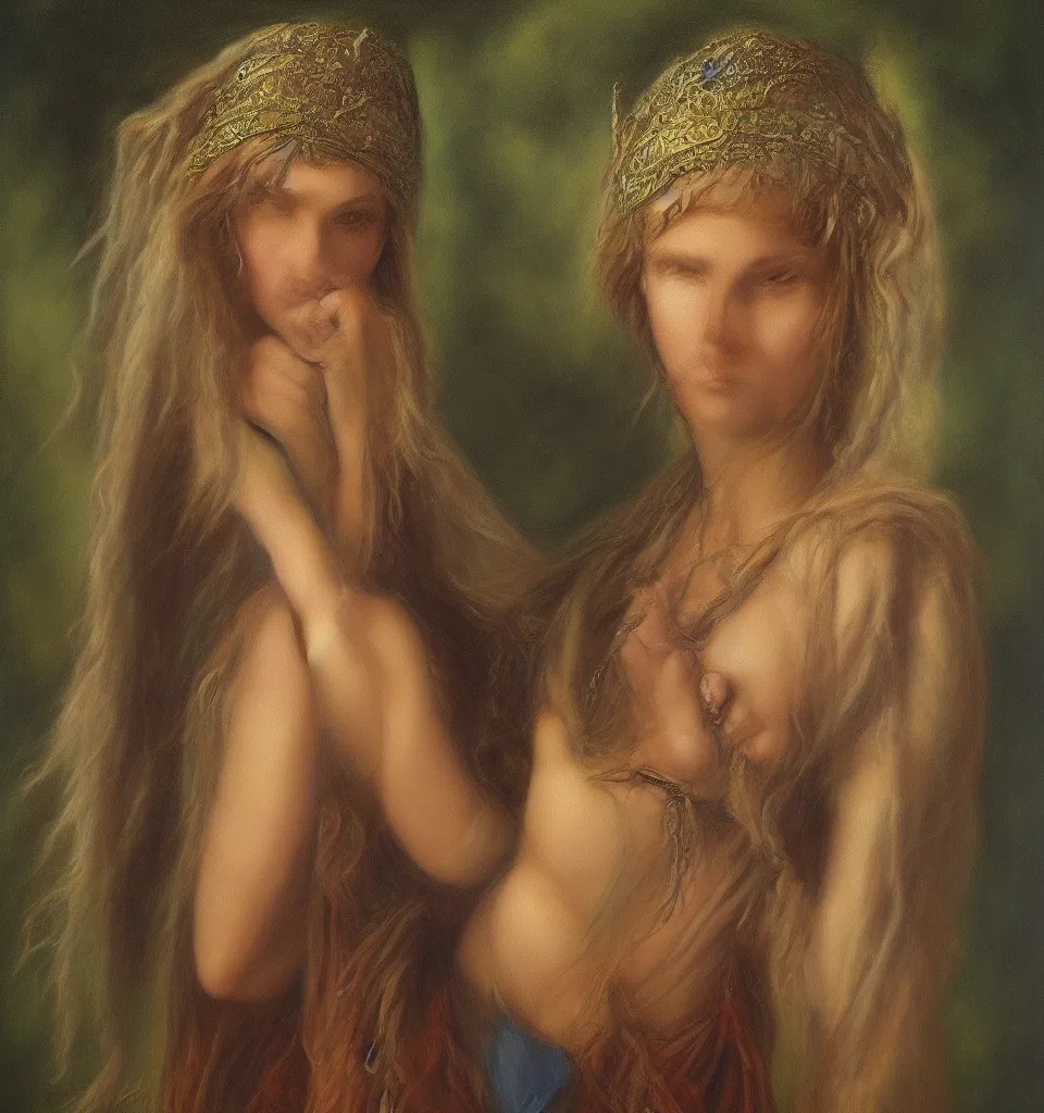 Image similar to a portrait painting by Terry Redlin of beautiful north European goddess