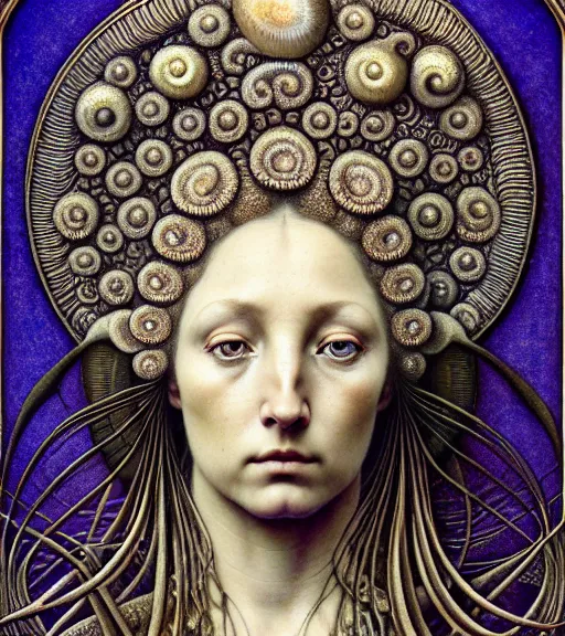 Image similar to detailed realistic beautiful ammonite goddess face portrait by jean delville, gustave dore, iris van herpen and marco mazzoni, art forms of nature by ernst haeckel, art nouveau, symbolist, visionary, gothic, neo - gothic, pre - raphaelite, fractal lace, intricate alien botanicals, biodiversity, surreality, hyperdetailed ultrasharp octane render