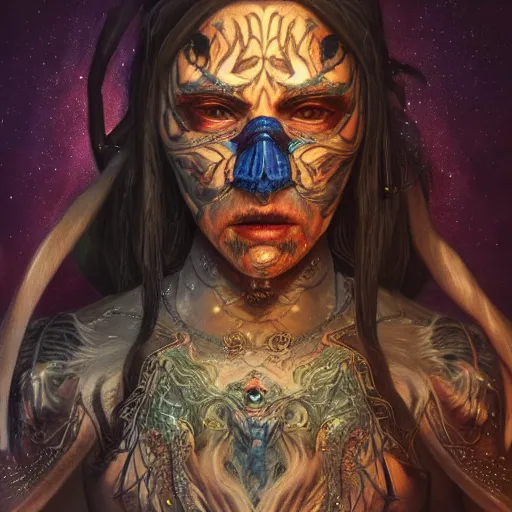 Image similar to a WLOP 3d render of Very very very very highly detailed mystic, enigmatic, strange portrait of a phantom warrior with galaxy, tattoos by Anton Pieck, intricate, extremely detailed, digital painting, artstation, concept art, smooth, sharp focus, illustration, intimidating lighting, incredible art,