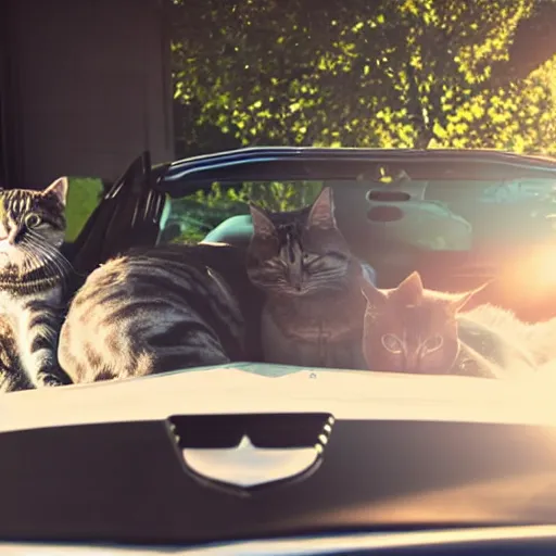 Image similar to corvette with cats sitting in and on the car, cinematic, golden hour, shadows, wide shot