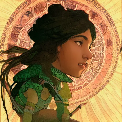 Prompt: a little warrior girl sitting on top of one giant turtle with a wise face looking at her. the girl has dark skin and beautiful green eyes, realistic full body and a very beautiful detailed symmetrical face with long black hair. diffuse light, dramatic sky and landscape, long shot fantasy illustration by mucha