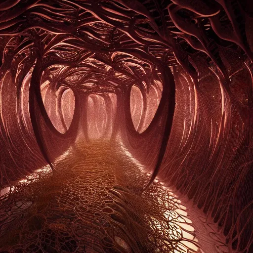 Prompt: biocomputer human organ inside a neural network made like antique lace in a biomechanical cave forest, environment, matte painting, diffused lighting, highly detailed cinematic, atmosphere, diffused lighting, highly detailed digital art, trending on artstation, depth of field, wide angle