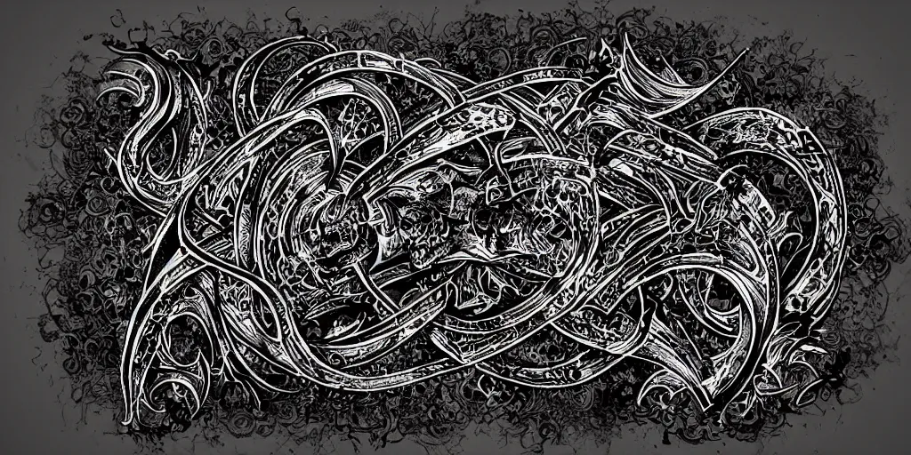 Image similar to masterpiece, intricate black death metal logo calligraphy by thomas bokler, wildan slam art, behance, detailed white letters on black background