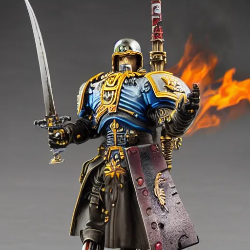 Image similar to 8 0 mm resin detailed miniature of a warhammer 4 0 k cyborg viking warrior, carrying a flaming axe, product introduction photos, 4 k, full body, hyper detailed,