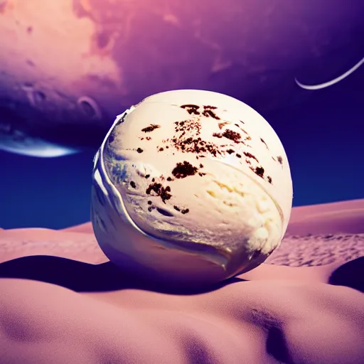 Image similar to a realistic planet made of icecream with sea of milk and chocolate mountains, super realistic, unreal engine, octane render, 8 k