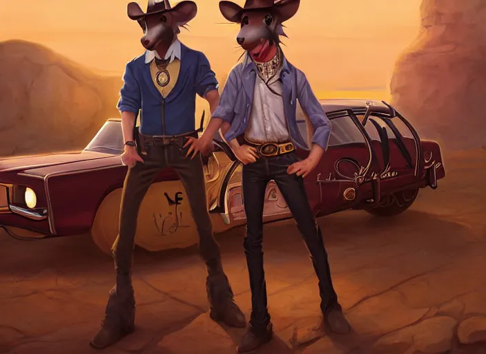 Image similar to character portrait feature of the anthro male anthropomorphic rat fursona wearing cowboy outfit wild west desperado standing next to an old monte carlo vintage car, a man whose heart is hollow, character design stylized by charlie bowater, ross tran, artgerm, makoto shinkai, detailed, soft lighting, rendered in octane