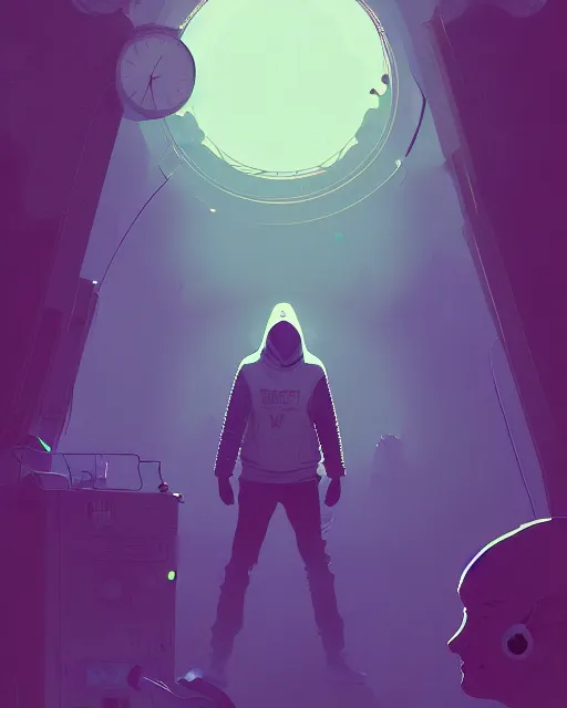 Image similar to tomorrowland, hyper - realistic portrait of a man in a hoodie, music festival, intricate, 4 k, by atey ghailan, by greg rutkowski, by greg tocchini, by james gilleard, by joe fenton, by kaethe butcher, dynamic lighting, lighting color scheme, sharp focus, grunge aesthetic