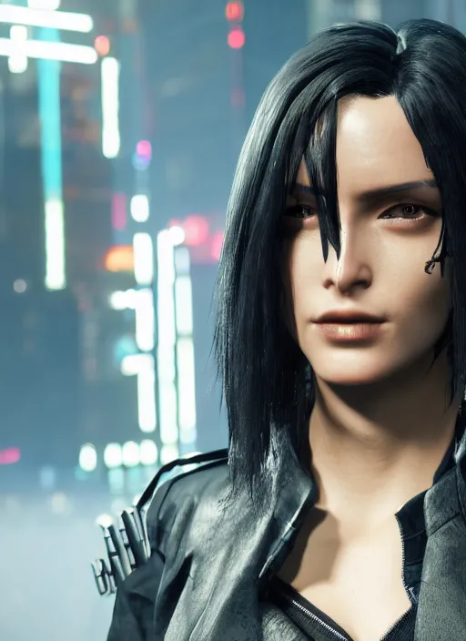 Image similar to black haired woman in a trench coat in a black cyberpunk 2 0 7 7, intricate, ultra detailed, face enhance, realistic
