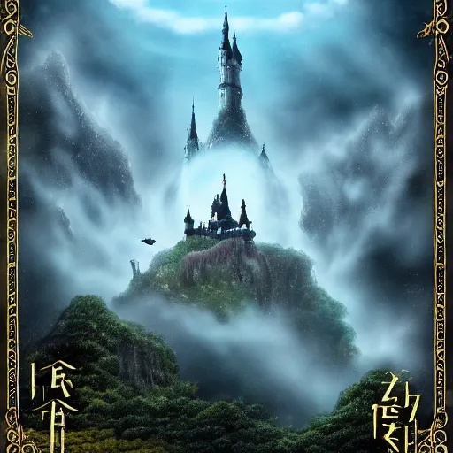 Image similar to a castle floating in a cloud with mythical creatures flying around it, exquisitely detailed, Miyazaki film, retro aesthetic, fantasy,