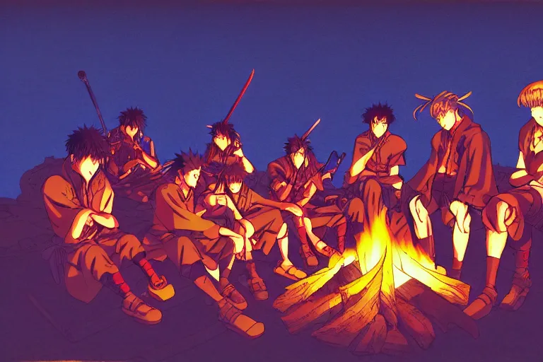 Prompt: cel shaded study of a group of anime warriors sitting around a campfire at night, key visual with intricate linework, in the style of moebius, ayami kojima, 9 0's anime, retro fantasy