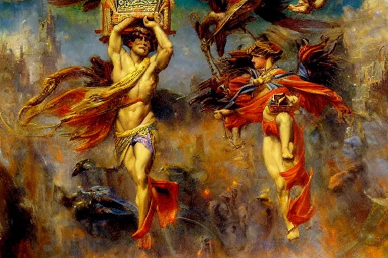 Image similar to portrait of the god hermes in modern times flying through a city to delivering pizza. art by gaston bussiere.