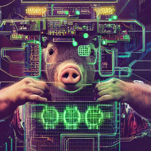 Image similar to a portrait photograph of a big aggressive male cyberpunk pig, circuit boards, motherboard, mainboard, wires, cable management, electrical wires, activity lights, cyberpunk, artstation, detail, hyperrealistic, digital photograph, natural light canon eos c 3 0 0, ƒ 1. 8, 3 5 mm, 8 k