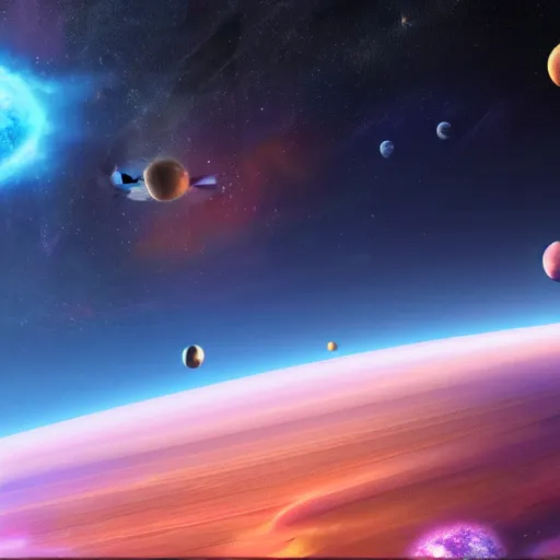 Image similar to an ultradetailed colorful illusturation of a solar system in space by makato shinkai, anime wallpaper 4 k