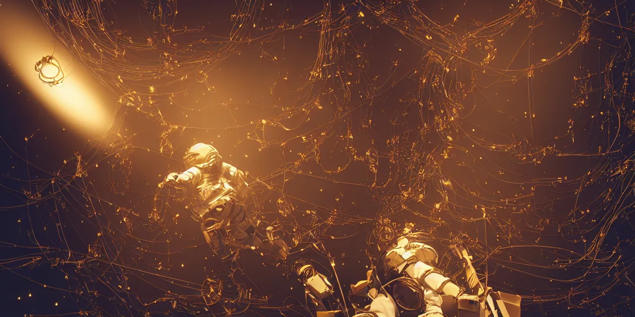 Image similar to astronaut with golden linings, entangled by a lot of cables, connected to a supercomputer designed by Dieter Rams, cinematic lighting, haze, moonlight, strong shadows, octane render, lens flare, red leds
