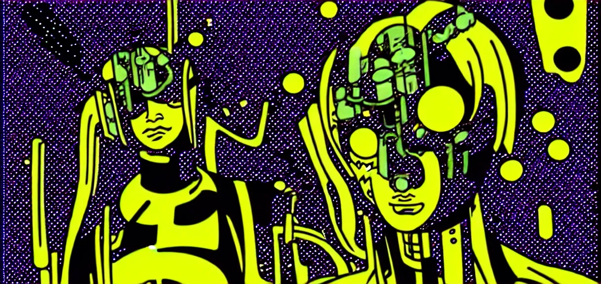 Image similar to ⚠ 👽 💉 ☠ 💢 😱 futuristic japanese cyberpunk by roy lichtenstein, by andy warhol, ben - day dots, pop art, bladerunner, pixiv contest winner, cyberpunk style, cyberpunk color scheme, mechanical, high resolution, hd, intricate detail, fine detail, 8 k