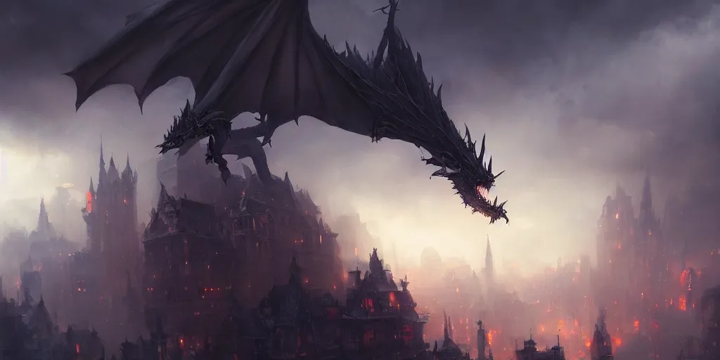 Prompt: an oil painting of dark fantasy dragon attacking a city, volumetric lighting, moody, creepy, by greg rutkowski, trending on artstation