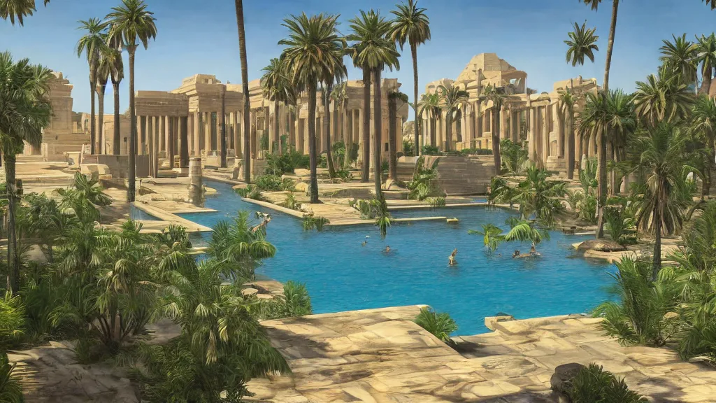 Prompt: an oil painting of the front of a new egyptian palace with a small pool in front, exterior view, close - up, mid - day, palm trees and lush vegetation, hieroglyphs on the buildings, ray - traced reflections of the buildings and trees in the water