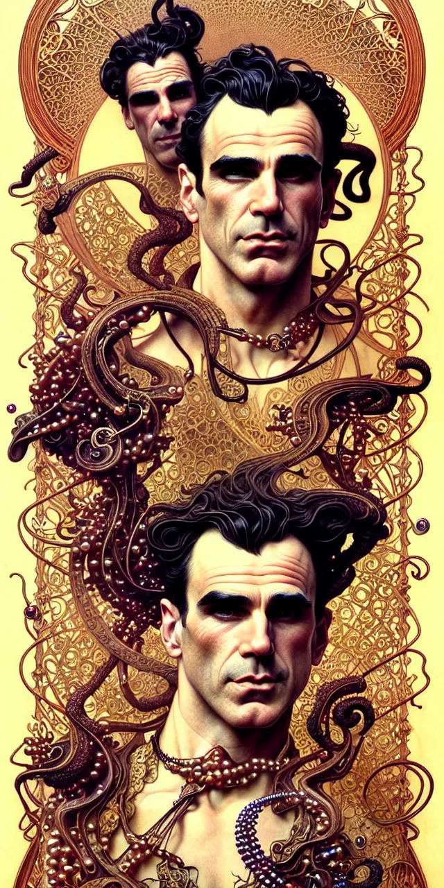 Image similar to handsome daniel day lewis art nouveau fantasy character portrait, ultra realistic, intricate details, the fifth element artifacts, highly detailed by peter mohrbacher, hajime sorayama, wayne barlowe, boris vallejo, aaron horkey, gaston bussiere, craig mullins alphonse mucha, art nouveau curves swirls and spirals, flowers pearls beads crystals jewelry goldchains scattered