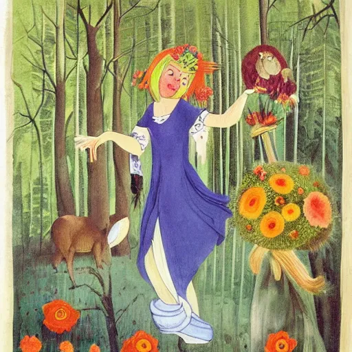 Image similar to In the print Vasilisa can be seen standing in the forest, surrounded by animals. She is holding a basket of flowers in one hand and a spindle in the other. Her face is turned towards the viewer, with a gentle expression. In the background, the forest is depicted as a dark and mysterious place. hollywood cerise, Monster Rancher by Hannah Hoch