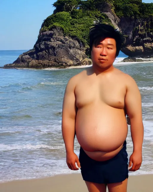 Image similar to photo of a heavily pregnant young asian male protagonist, big belly, on the beach