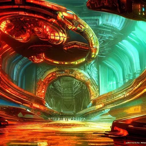 Prompt: photorealistic beautiful palace of metroid prime. hyperdetailed photorealism, 1 0 8 megapixels, river, amazing depth, glowing rich colors, powerful imagery, psychedelic overtones, 3 d finalrender, 3 d shading, cinematic lighting, artstation concept art