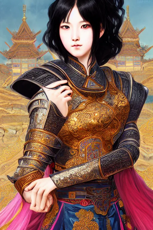 Image similar to portrait black hair young knights of Dynasty Warriors girl, rose golden color armor, in ruin chinese palace rooftop sunrise, ssci-fi and fantasy, intricate and very beautiful and elegant, highly detailed, digital painting, soft light, artstation, concept art, smooth and sharp focus, illustration, art by tian zi and WLOP and alphonse mucha