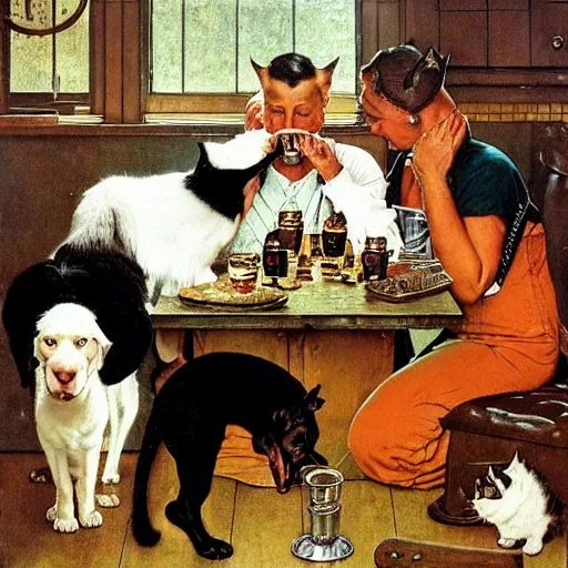 Image similar to norman rockwell painting of cats and dogs drinking beer