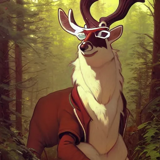 Prompt: anthropomorphic nerdy deer. Renowned character illustration by greg rutkowski, thomas kindkade, alphonse mucha, loish, norman rockwell. Trending on FurAffinity.