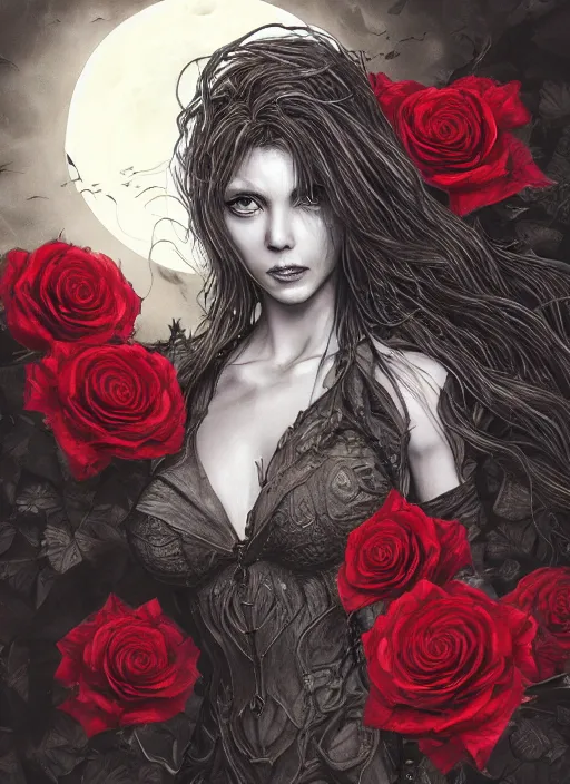 Image similar to portrait, A witch in front of the full big moon, book cover, red roses, red white black colors, establishing shot, extremly high detail, foto realistic, cinematic lighting, pen and ink, intricate line drawings, by Yoshitaka Amano, Ruan Jia, Kentaro Miura, Artgerm, post processed, concept art, artstation, matte painting, style by eddie, raphael lacoste, alex ross