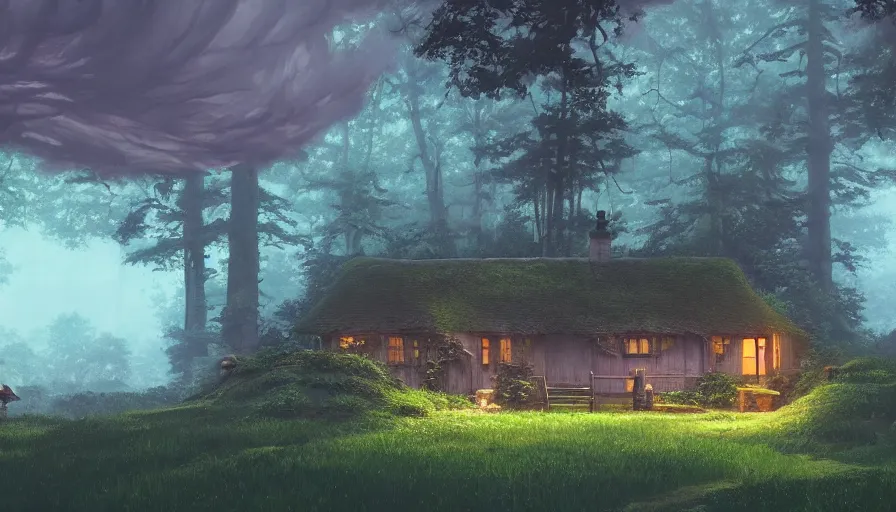 Prompt: A highly detailed matte painting of cottage in a dark forest, by Studio Ghibli, Makoto Shinkai, by Artgerm, by beeple, by Greg Rutkowski, volumetric lighting, octane render, 4K resolution, trending on artstation, masterpiece