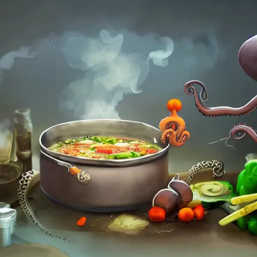 Image similar to octopus cooking soup among clouds, stirring a pot with a ladle and cutting vegetables, fantasy illustration, trending on artstation, deviantart, very realistic, 4k