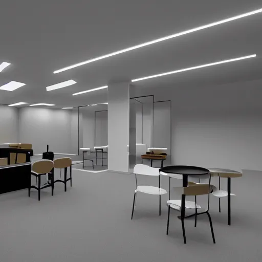 Image similar to isometric view of break room, clean, minimalist, underground, brutalist style, light and shadows, octane render