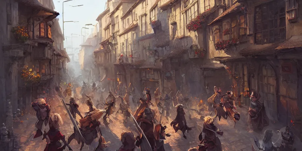 Prompt: an exciting fantasy street battle within a fascinating old city, narrow streets, old buildings, by Sylvain Sarrailh, by Sebastian Luca, by Nicodemus Yang-Mattisson, cinematic, simple but effective composition, clean lines, beautiful digital painting, oil painting, great character design, dungeons and dragons, lord of the rings, close up character, fantasy races