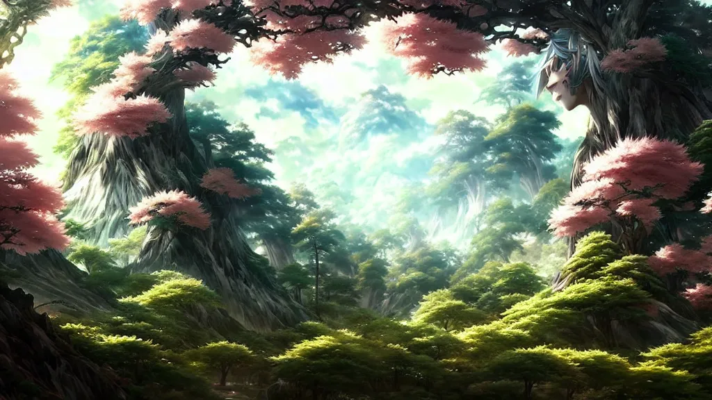 Image similar to anime forest landscape, intricate details, fantasy, elegant, highly detailed, digital painting, artstation, concept art, smooth, sharp focus, illustration, wide angle, artbook, splash art, promo art, soul calibur, league of legends, art by artgerm and greg rutkowski and bo chen and jin xiaodi