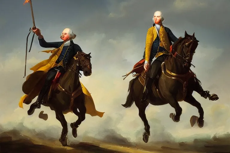 Prompt: “An oil painting of George Washington riding in an open top attack mech trending on artstation”