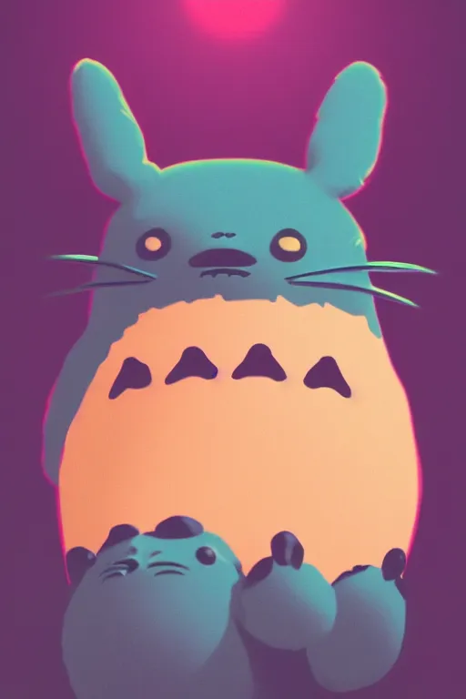 Prompt: colorful full body shot of a cute totoro, trending on artstation, trending on deviantart ,cinematic backlighting, 8k, symmetrical, correct proportions, hyper detail illustration by tim schafer, by tim burton,orange lights, pink shadows