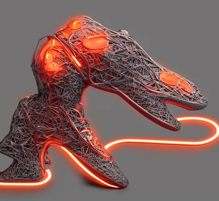 Prompt: realistic 8 k sculpture of one futuristic sneaker with neon illuminated rubber soles and soft orange laces on a grey surface, clean 3 d render, beautiful studio lighting, soft, sharp focus, cyberpunk, intricate detail, gold and red filigree, soft rubber, octane render, trending on artstation, deviantart, art by iris van herpen and syd mead and mullins