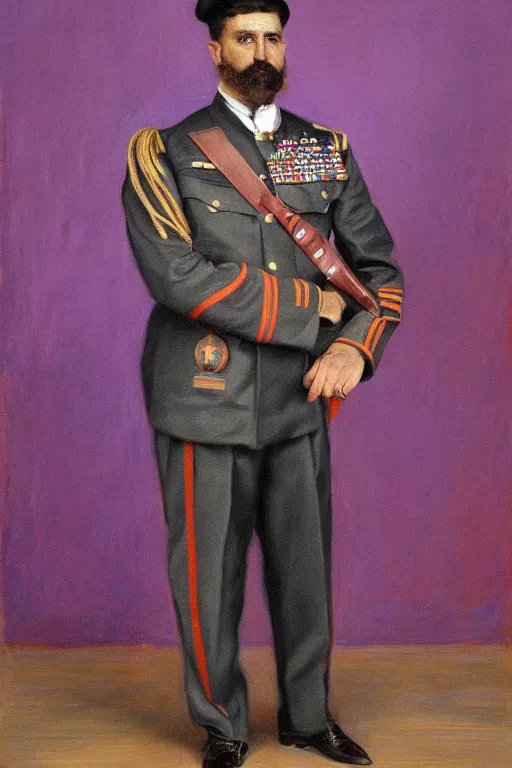 Image similar to full body portrait of the dictator of the sacramento kings, 1 8 8 9, in full military garb, purple, silver, oil on canvas by william sidney mount, trending on artstation