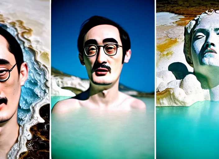 Image similar to Kodak Portra 400, 8K, soft light, volumetric lighting, highly detailed, portrait photo of a Filthy Frank by WLOP, the face emerges from a Pamukkale, thermal waters flowing down white travertine terraces with lotus flowers, inspired by Ophelia paint , blue shirt and hair are intricate with highly detailed realistic beautiful flowers , Realistic, Refined, Highly Detailed, ethereal lighting colors scheme, outdoor fine art photography, Hyper realistic, photo realistic, masterpiece