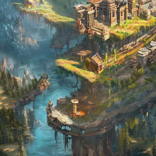 Image similar to a birds eye view overlooking an ancient fantasy city surrounded by mountains and trees of greens and browns, rivers and lakes but the city has been corrupted by a dark evil by Jordan Grimmer, Asher Brown Durand and Ryan Dening, 8k, artstation, beautiful color pallette