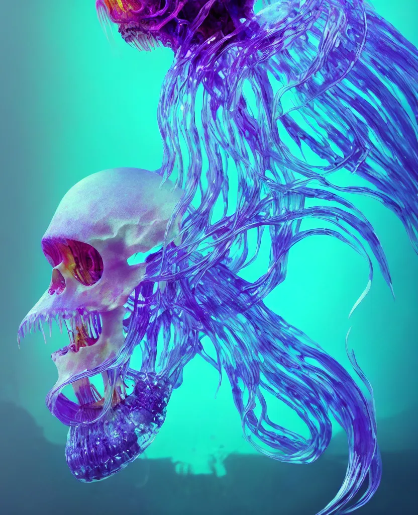 Image similar to close-up portrait of skull dichroic orchid jellyfish skull, betta fish, bioluminiscent creatures, intricate artwork by Tooth Wu and wlop and beeple. octane render, trending on artstation, greg rutkowski very coherent symmetrical artwork. cinematic, hyper realism, high detail, octane render, 8k